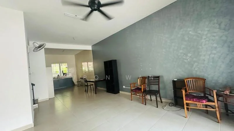 Living features: grey accent wall, white painted walls, tile flooring, 5-blade ceiling fan, window with blinds, dining table, two wooden chairs, black bookshelf, two armchairs, air conditioning unit; style: modern. Kitchen features: open layout, kitchen counter, cabinets, sink, stainless-steel appliances; style: modern.