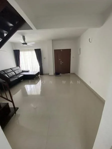 Living features: black leather sectional sofa, 5-blade ceiling fan, white painted walls, glossy beige tile flooring, large window with sheer curtains, door with security lock, wall-mounted light fixture, staircase with wooden railing; style: modern.