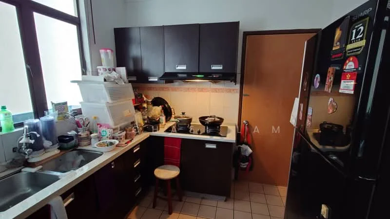 Kitchen features: single-bowl stainless-steel sink, chrome pull-down faucet, black cabinetry, white countertop, ceramic tile backsplash, built-in stove, refrigerator, stool, kitchen utensils, food items on countertop, window with natural light, tile flooring; style: modern.