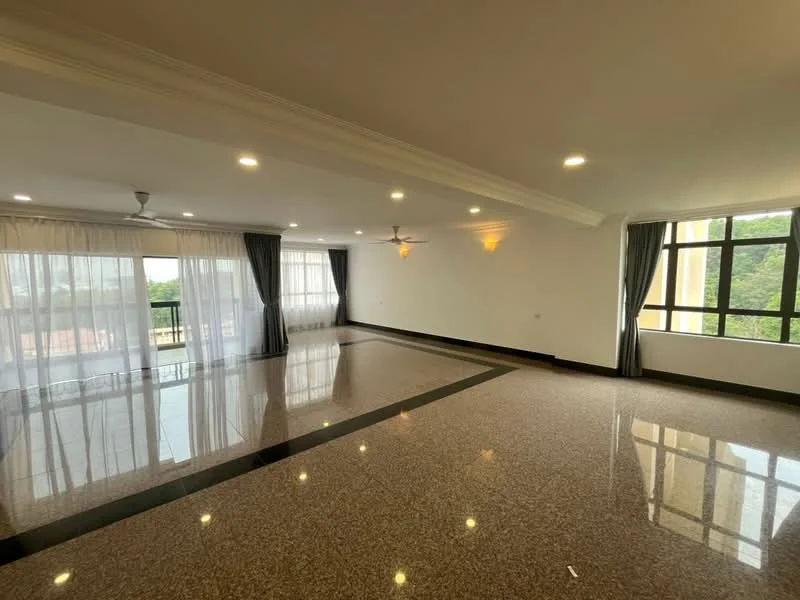 Living features: polished granite flooring, white painted walls, tray ceiling with recessed downlights, 5-blade ceiling fan, floor-to-ceiling windows, sheer curtains, blackout curtains, balcony access, view of greenery; style: modern; view: garden.