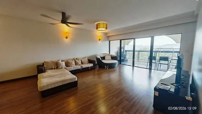 Living features: 3-seater fabric sofa in beige, 2-seater fabric sofa in beige, coffee table, TV console, wall-mounted TV, wooden flooring, ceiling fan with light, recessed downlights, floor-to-ceiling windows, sliding glass door, balcony access, decorative wall sconces; style: modern; view: city.