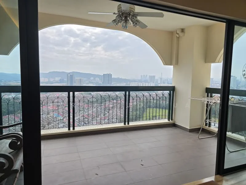 Balcony features: floor-to-ceiling sliding glass door, metal railing with decorative pattern, ceiling fan, tiled flooring, city skyline view, outdoor drying rack; view: city.