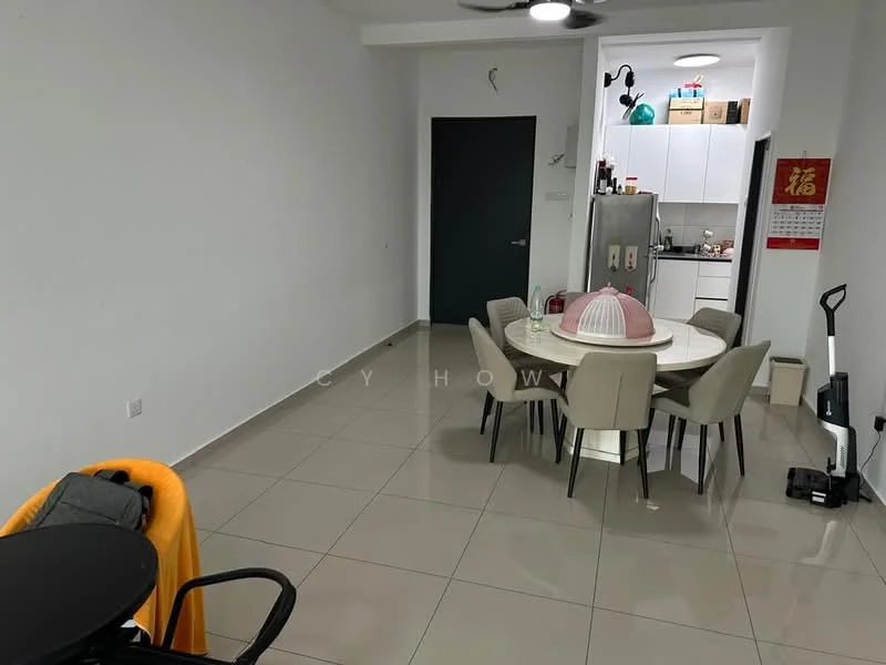 Dining features: round dining table, 6 upholstered dining chairs, grey tiled flooring, white painted walls, recessed downlights, kitchen area visible in background, stainless-steel fridge, kitchen cabinets, ceiling fan, decorative wall art, vacuum cleaner, black side table; style: modern.