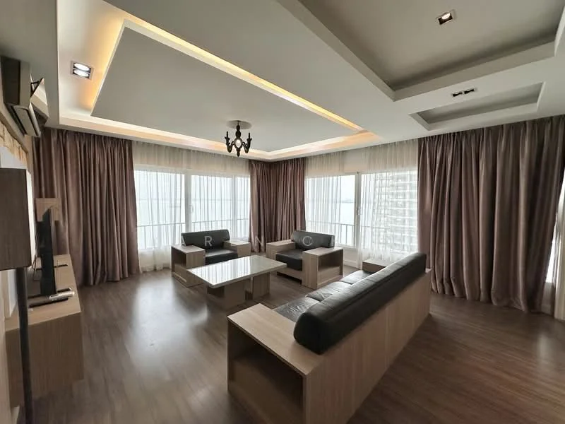 Living features: wooden flooring, tray ceiling with recessed lighting, chandelier, floor-to-ceiling windows, sheer curtains, dark leather sofa, wooden coffee table, wooden TV console, wall-mounted TV, area rug, decorative wall paneling; style: modern; view: city.