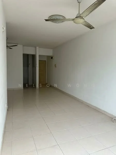 Room features: white painted walls, tile flooring, 2 ceiling fans, neutral color scheme, open layout, no visible furniture, single door, light switches, windows with no treatments; style: minimalist.