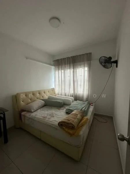 Bedroom features: queen-size bed, upholstered headboard, bedside table, floor-to-ceiling windows, sheer curtains, ceiling fan, light-colored walls, tile flooring; style: modern.