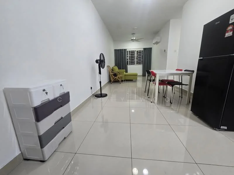 Living features: white painted walls, glossy tile flooring, 5-blade ceiling fan with light, floor-to-ceiling windows with sheer curtains, green fabric sofa, dining table with 4 chairs, black refrigerator, plastic storage cabinet, decorative floor fan; style: modern.