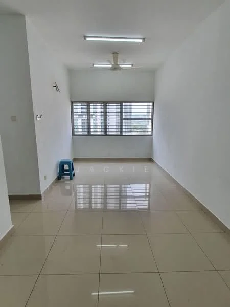 Room features: white painted walls, glossy beige floor tiles, ceiling fan, large windows with horizontal blinds, natural light from windows, minimalist decor, no visible furniture, clean lines; style: modern; view: city.