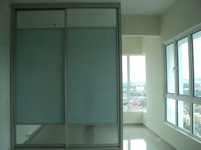 Room features: sliding glass wardrobe with mirrored doors, floor-to-ceiling windows, white painted walls, glossy tile flooring, city view, natural light from windows; style: modern; view: city.