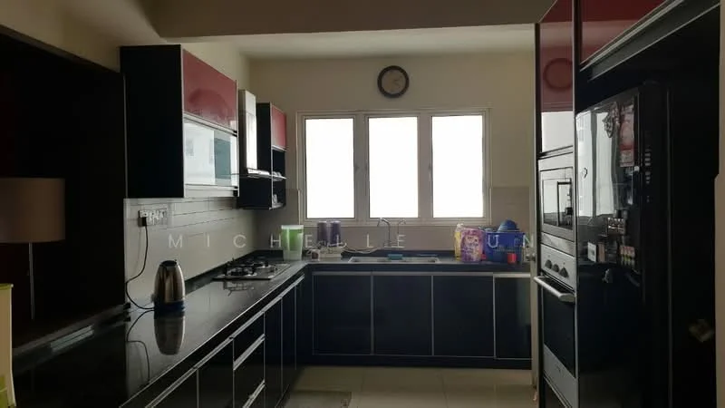 Kitchen features: black granite countertop, black cabinetry with red accents, stainless-steel sink, chrome pull-down faucet, built-in oven, freestanding range oven, microwave, kettle, multiple windows, tile flooring, wall-mounted clock; style: modern.
