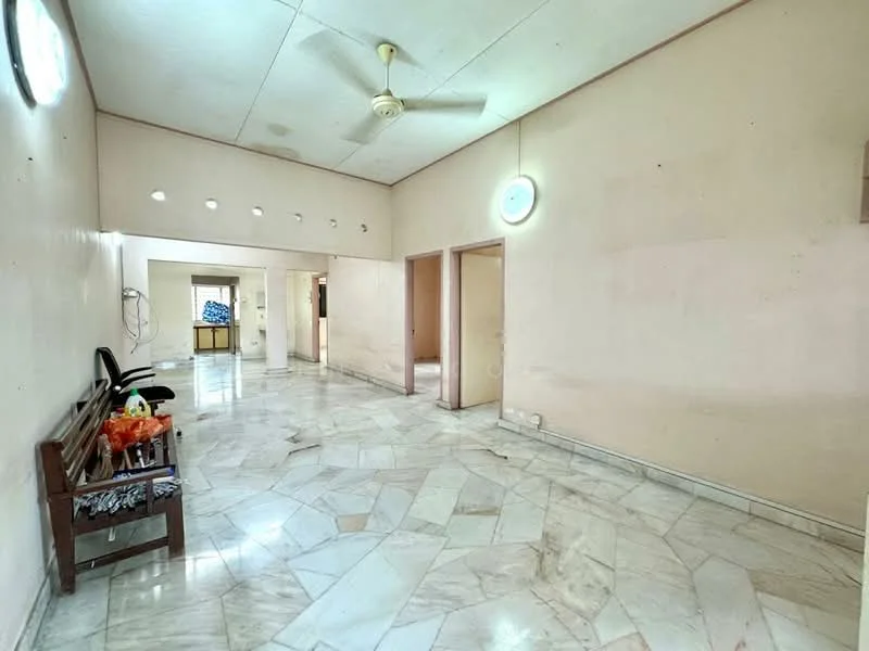 Room features: marble flooring, white painted walls, ceiling fan, wall-mounted light fixtures, multiple doorways, large windows, bench seating, decorative wall accents; style: minimalist.