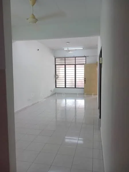 Room features: white painted walls, glossy white tile flooring, ceiling fan, large windows with horizontal slats, single door, neutral color scheme, no visible furniture, bright natural light; style: minimalist.