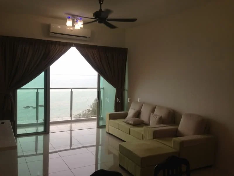 Living features: beige L-shape sectional sofa, floor-to-ceiling windows, sliding glass door, sheer curtains, recessed downlights, ceiling fan, white painted walls, glossy tile flooring, ocean view; style: modern; view: sea.