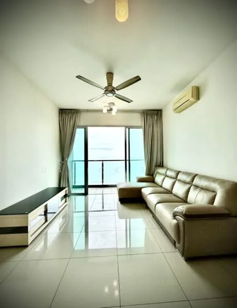 Living features: 3-seater leather sofa in beige, coffee table, wall-mounted TV console, floor-to-ceiling windows, sheer curtains, 5-blade ceiling fan with light, wall-mounted split AC, glossy tile flooring, neutral painted walls, decorative light fixture; style: modern; view: sea.