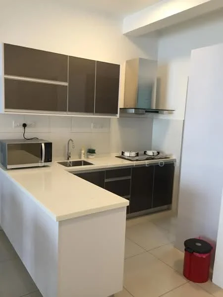 Kitchen features: white quartz countertop, grey cabinetry, stainless-steel sink, chrome pull-down faucet, built-in gas hob, stainless-steel range hood, microwave, tile backsplash, ceramic tile flooring, wall-mounted cabinets, open shelving, red trash bin; style: modern.
