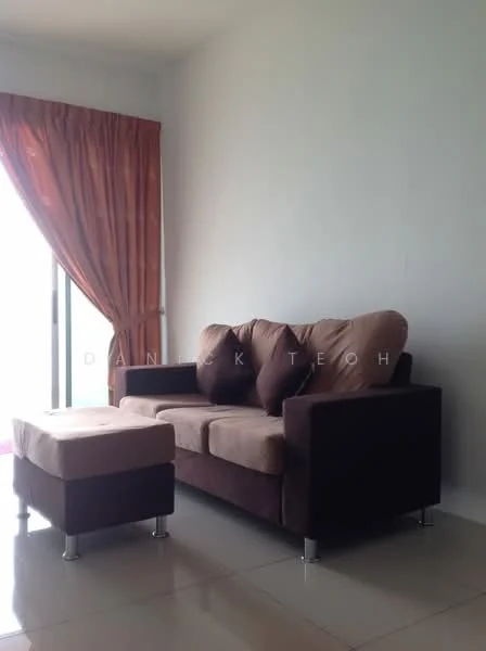 Living features: 3-seater fabric sofa in brown and beige, ottoman with chrome legs, floor-to-ceiling windows, sheer curtains in orange, white painted walls, glossy tile flooring, natural light from window; style: modern.