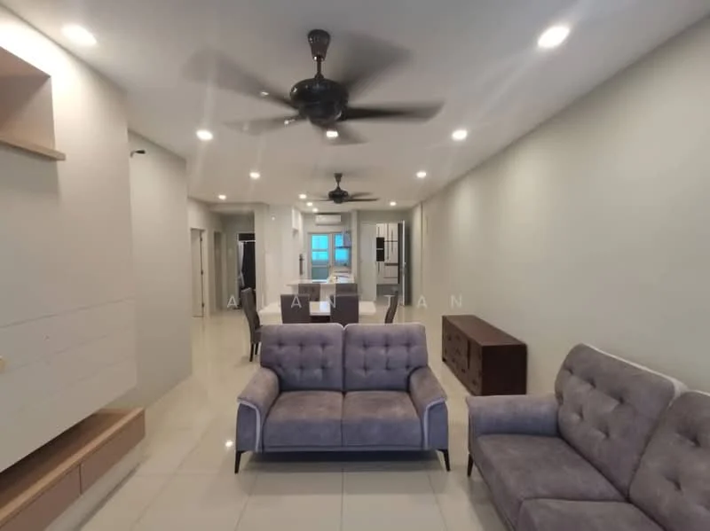 Living features: 3-seater fabric sofa in grey, 2-seater fabric sofa in grey, ceiling fan with light, recessed LED downlights, white painted walls, glossy tile flooring, TV console, dining table visible in background, open layout, large windows for natural light; style: modern.