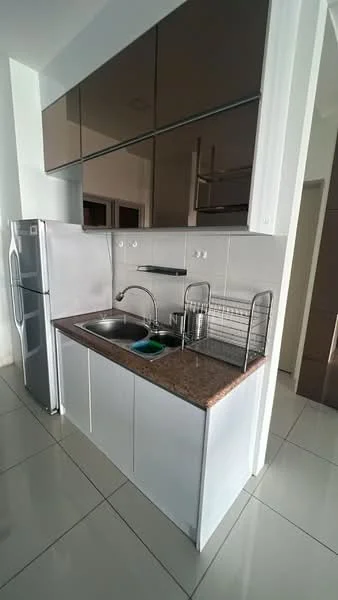 Kitchen features: stainless-steel sink, chrome pull-down faucet, granite countertop, white cabinetry, black upper cabinets, built-in shelving, ceramic tile backsplash, refrigerator, grey tiled flooring, recessed lighting; style: modern.