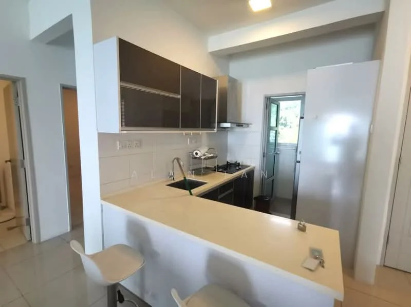 Kitchen features: white quartz countertop, stainless-steel single-bowl sink, chrome pull-down faucet, built-in oven, freestanding range oven, stainless-steel refrigerator, white cabinetry with flat-panel doors, tile backsplash, pendant lighting, bar seating with two stools, ceramic tile flooring, window with garden view; style: modern; view: garden.