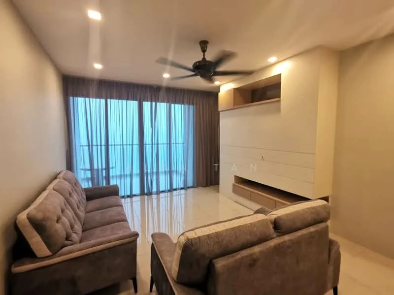 Living features: 3-seater fabric sofa in grey, 2-seater fabric sofa in beige, ceiling fan, floor-to-ceiling windows, sheer curtains, white painted walls, glossy tile flooring, built-in TV console with storage; style: modern; view: city.