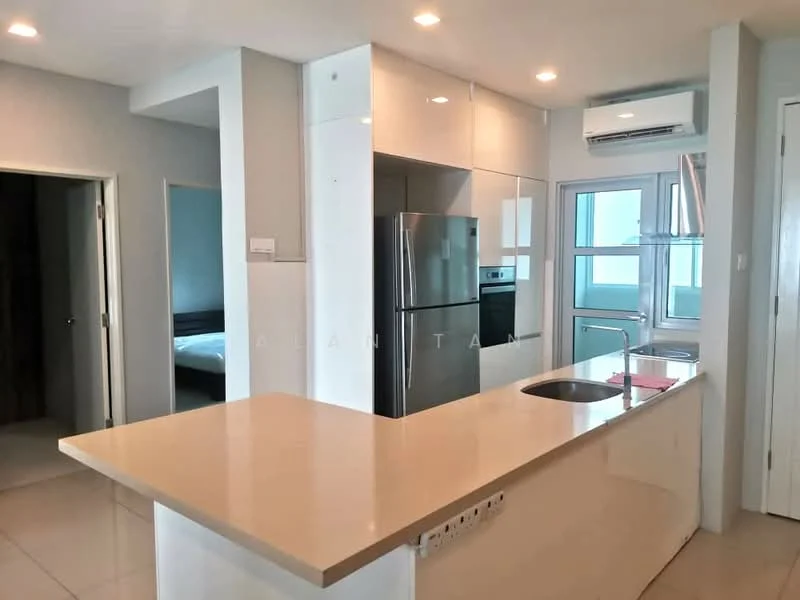 Kitchen features: white cabinetry, stainless-steel fridge, built-in oven, 4-burner gas hob, single-bowl stainless-steel sink, chrome pull-down faucet, quartz countertop, recessed downlights, tile flooring, air conditioning unit, window with city view; style: modern; view: city. Room features: doorway leading to bedroom, neutral wall color, floor-to-ceiling window.