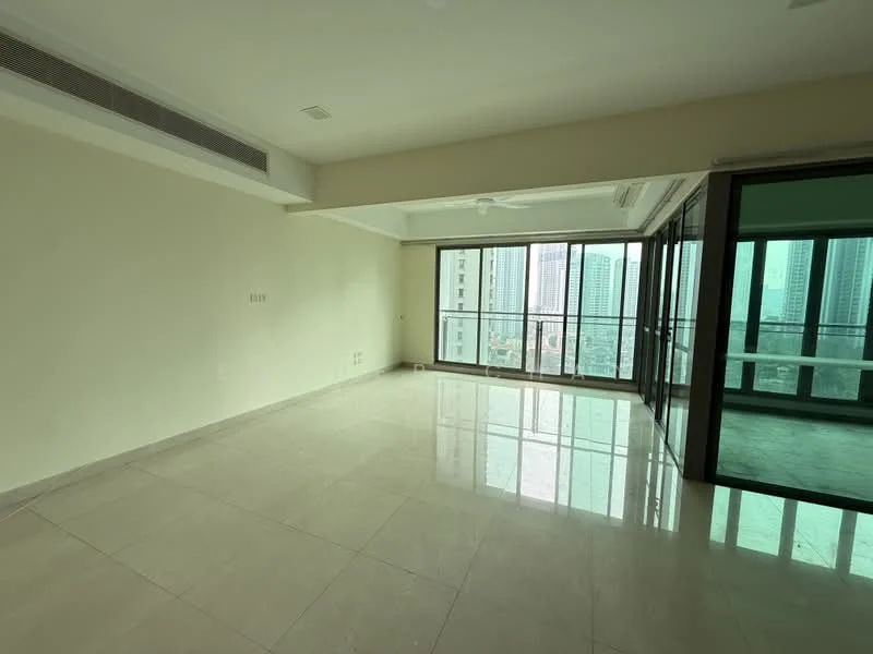 Living features: white painted walls, marble tile flooring, floor-to-ceiling windows, sliding glass door, 5-blade ceiling fan, city view, neutral color scheme, open layout; style: modern; view: city.