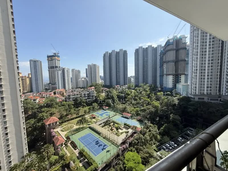 Exterior type: high-rise condominium; features: city skyline view, tennis courts, landscaped gardens, swimming pool, surrounding high-rise buildings, greenery, construction cranes, manicured lawns; style: modern.