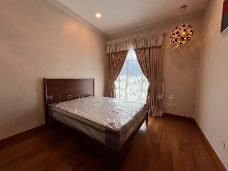 Bedroom features: queen-size bed, wooden bed frame, wooden flooring, white painted walls, curtains with floral pattern, chandelier light fixture, window with sheer curtains; style: modern.