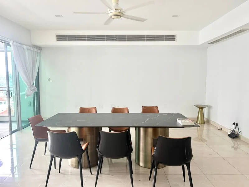 Dining features: marble flooring, white painted walls, ceiling fan, large dining table with black stone top, metal base for dining table, 6 dining chairs in black and brown, floor-to-ceiling windows, sheer curtains, decorative side table, open space layout; style: modern; view: city.