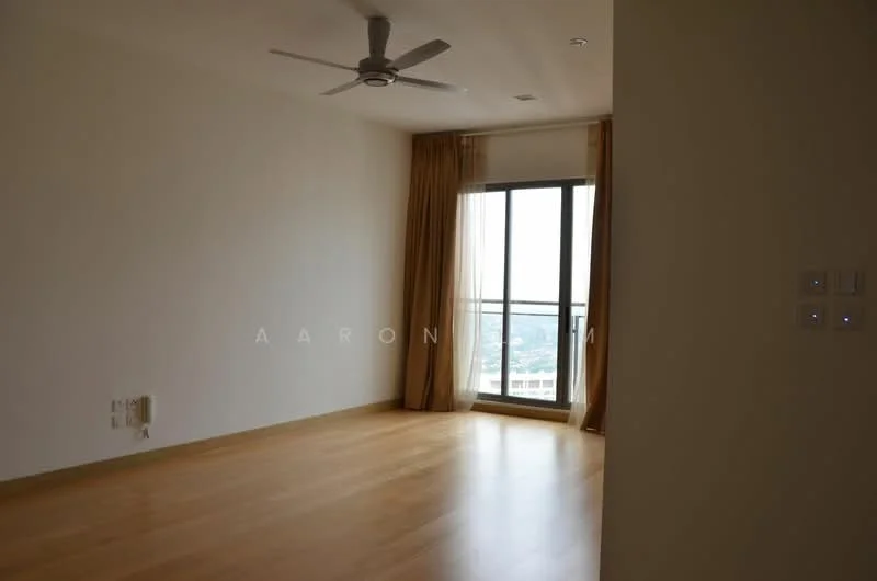Room features: light wood flooring, white painted walls, 5-blade ceiling fan, floor-to-ceiling windows, curtains, switch panel on wall; view: city.