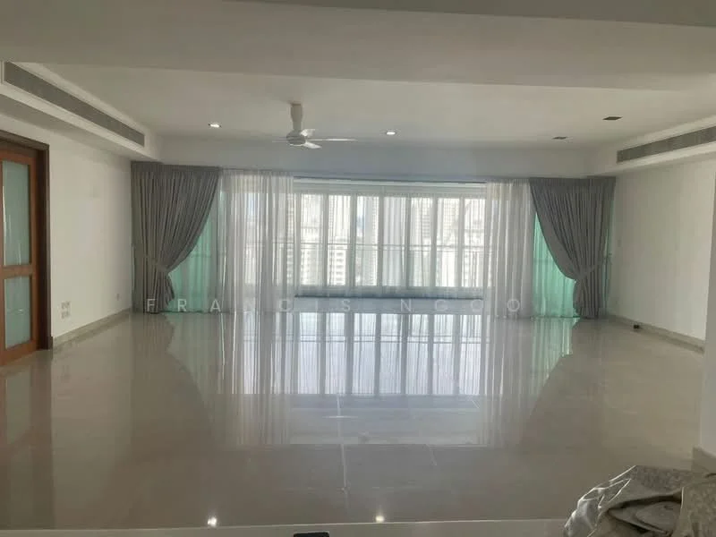 Living features: white painted walls, polished marble flooring, 5-blade ceiling fan, floor-to-ceiling windows, sheer curtains, dark grey curtains, recessed downlights, open layout, natural light from windows, city view; style: modern; view: city.