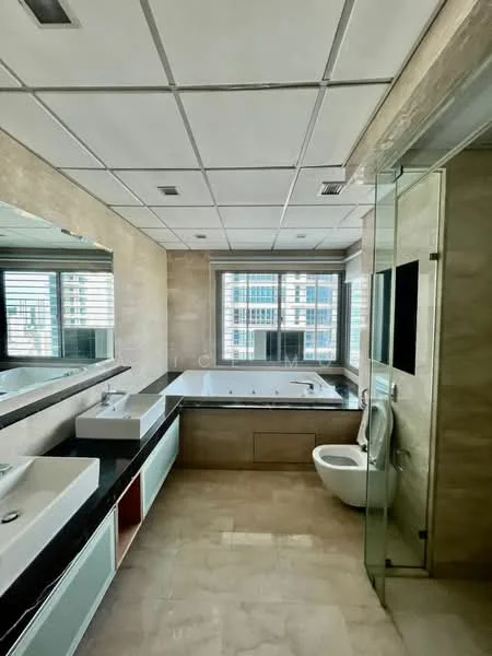 Bathroom features: double-sink vanity with black countertop, white ceramic sinks, large mirror above vanity, freestanding bathtub, glass-enclosed shower, chrome wall-mounted faucet, toilet, tile flooring, neutral wall tiles, window with horizontal blinds, recessed ceiling lights, built-in shelving; style: modern; view: city.