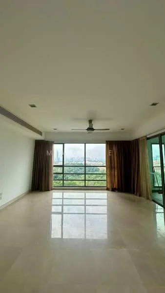 Living features: marble tile flooring, white painted walls, tray ceiling, 5-blade ceiling fan with light, floor-to-ceiling windows, sheer curtains, curtains in beige, city view; style: modern; view: city.