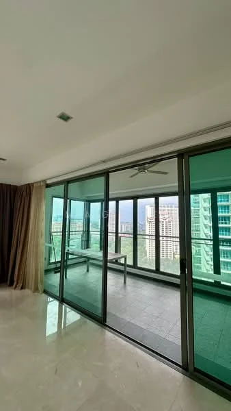 Room features: floor-to-ceiling sliding glass doors, curtains in beige and brown, ceiling fan, marble tile flooring, open balcony space, city view, green tinted glass, recessed lighting; style: modern; view: city.