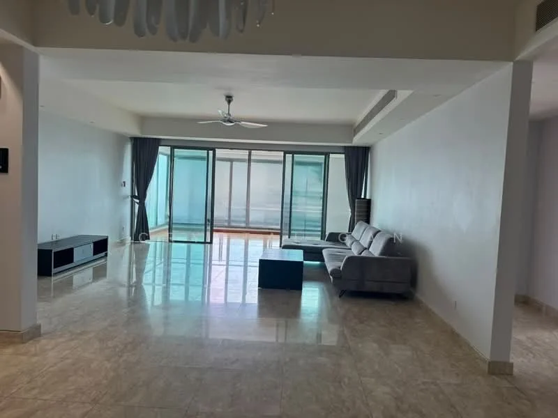 Living features: large floor-to-ceiling windows, grey fabric sofa, black coffee table, TV console, marble flooring, recessed downlights, 5-blade ceiling fan, curtains, open layout, natural light, neutral wall color; style: modern; view: city.