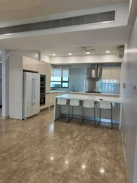 Kitchen features: white cabinetry, stainless-steel refrigerator, built-in oven, stainless-steel range hood, 4-burner gas hob, white quartz countertop, bar seating with 4 stools, tile backsplash, marble tile flooring, recessed downlights, window with natural light, open layout; style: modern.