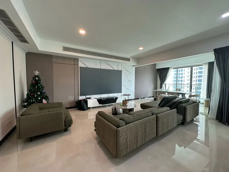 Living features: large flat-screen TV on wall, 3-seater fabric sofa in olive green, 2-seater fabric sofa in olive green, coffee table, marble flooring, decorative wall paneling, floor-to-ceiling windows, sheer curtains, dark grey curtains, Christmas tree, dining table in background, open layout; style: modern; view: city.