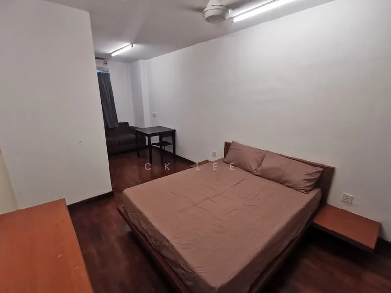Bedroom features: queen-size bed with brown bedding, wooden bedside tables, wooden flooring, white painted walls, ceiling fan, window with grey curtains, study desk, chair; style: minimalist.