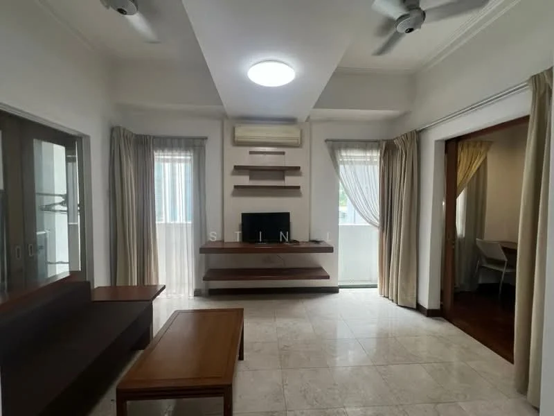 Living features: marble tile flooring, white painted walls, tray ceiling, 2-blade ceiling fan, wall-mounted TV, wooden TV console, wooden coffee table, floor-to-ceiling windows, sheer curtains, sliding glass door, decorative shelving unit, natural light from windows; style: modern.