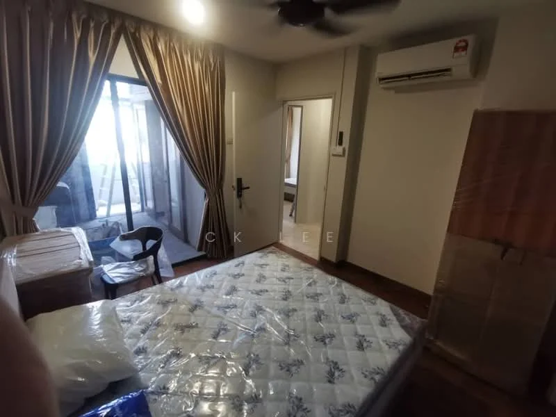 Bedroom features: queen-size bed, upholstered headboard, wooden flooring, 5-blade ceiling fan, wall-mounted split AC, floor-to-ceiling windows, sheer curtains, decorative mirror, built-in wardrobe, area rug; style: modern; view: city.