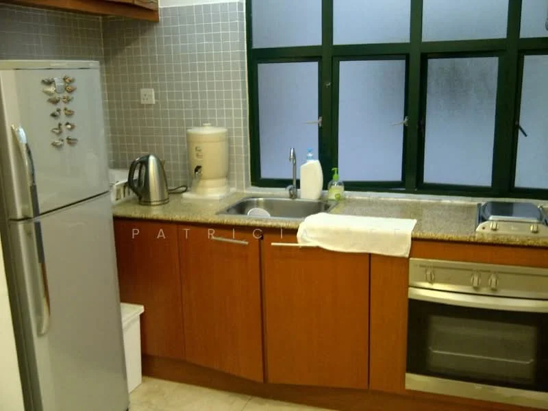 Kitchen features: stainless-steel fridge, built-in oven, 4-burner gas hob, single-bowl stainless-steel sink, chrome pull-down faucet, granite countertop, wood cabinetry, kettle, water dispenser, dish soap, cleaning supplies, tile backsplash, window with green frame; style: modern.