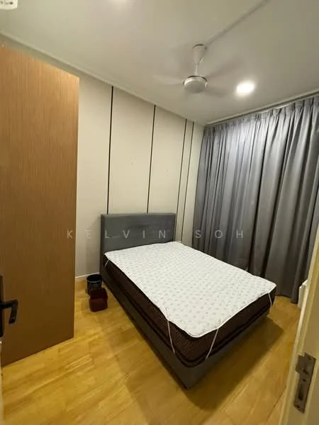 Bedroom features: queen-size bed with mattress, wooden flooring, light grey curtains, ceiling fan, built-in wardrobe with wooden doors, plain white walls, decorative wall paneling, nightstand, lampshade; style: modern.