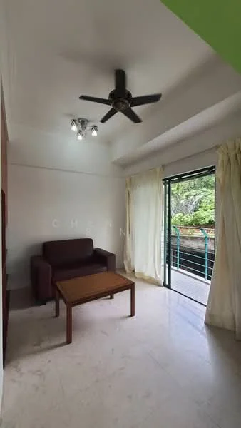 Living features: 3-seater brown leather sofa, wooden coffee table, ceiling fan with 3 blades, recessed downlights, floor-to-ceiling sliding glass door, sheer curtains, marble flooring, green accent wall; style: modern; view: garden.