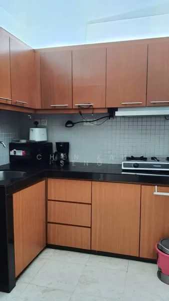 Kitchen features: brown wooden cabinetry, black granite countertop, stainless-steel sink, chrome pull-down faucet, built-in gas stove, microwave, toaster, white tiled backsplash, ceramic tile flooring, under-cabinet lighting; style: modern.