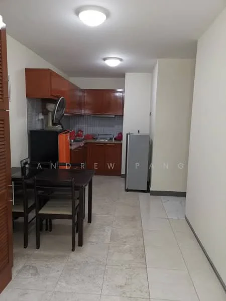 Kitchen features: brown wooden cabinetry, white tiled backsplash, stainless-steel sink, chrome pull-down faucet, built-in stove, microwave, refrigerator, dining table with four chairs, marble tile flooring, ceiling lights; style: modern.
