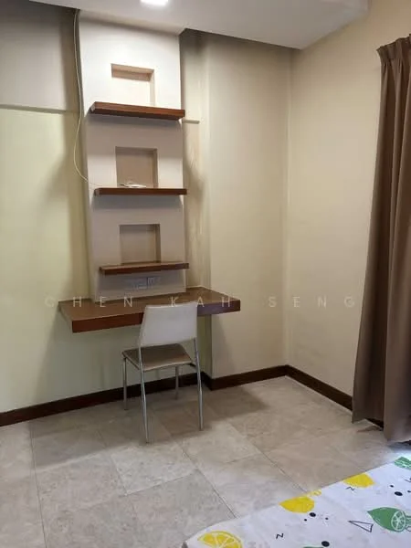 Room features: light beige painted walls, cream tiled flooring, wooden skirting, built-in wooden shelves, wooden desk, white chair, curtains in light brown, corner of a bed with patterned bedding; style: modern.