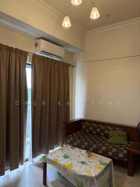 Living features: sofa with patterned upholstery, coffee table with tablecloth, floor-to-ceiling windows, curtains in brown, wall-mounted split AC, recessed ceiling lights, cream painted walls, tile flooring; style: modern.