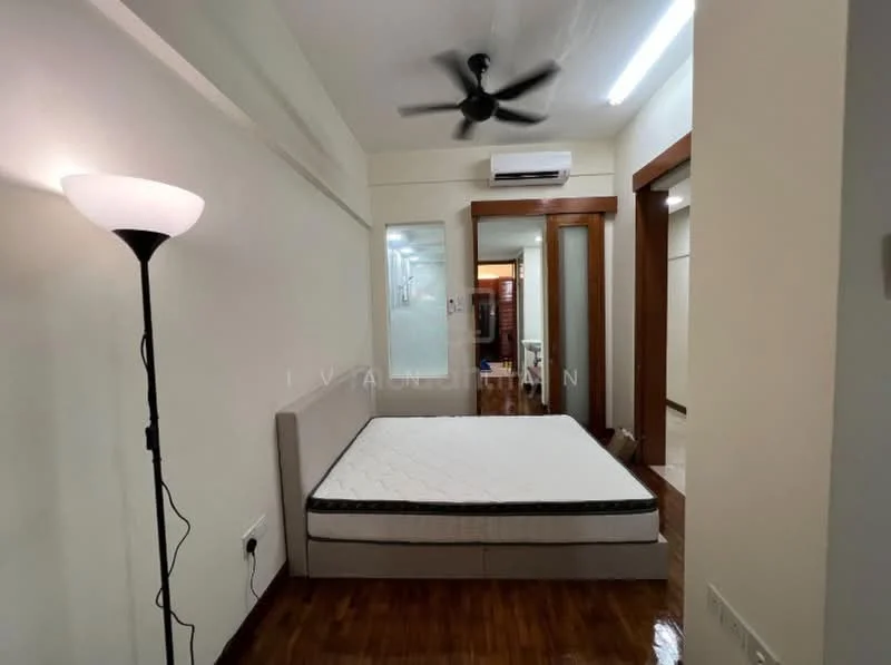 Bedroom features: wooden flooring, white painted walls, ceiling fan, wall-mounted air conditioning unit, single bed frame, floor lamp, built-in wardrobe, mirror on wall, light fixture, doorway leading to another room; style: modern.