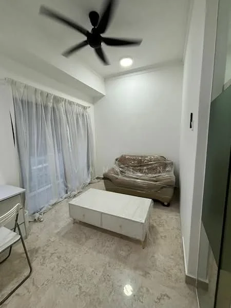 Living features: white painted walls, marble flooring, 5-blade ceiling fan, floor-to-ceiling windows with sheer curtains, sofa covered in plastic, coffee table, study desk with chair, recessed ceiling lights; style: modern.