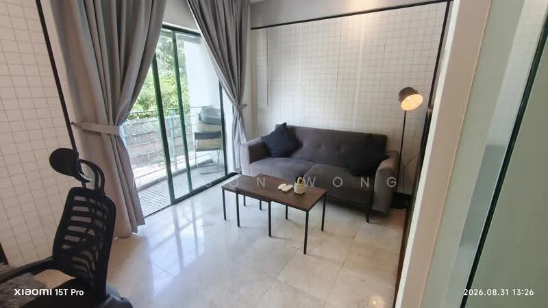 Living features: grey fabric sofa, wood coffee table, floor-to-ceiling windows, sheer curtains, tile flooring, wall with white tiles, decorative floor lamp, balcony access; style: modern; view: garden.